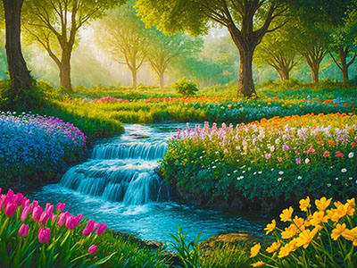 Flower Garden With Creek