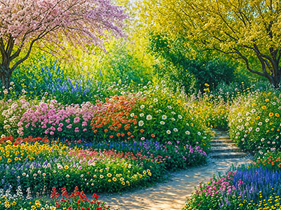 Colorful Flowers and a Pathway in a Garden
