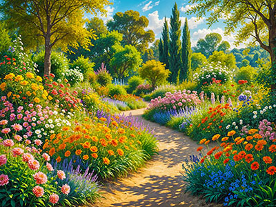 Colorful Flowers, Trees and a Pathway in a Garden