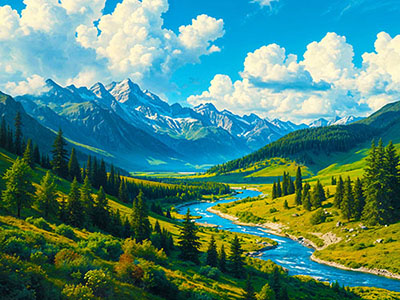 Greenery, River and Mountains With Blue Sky and Clouds in the Background