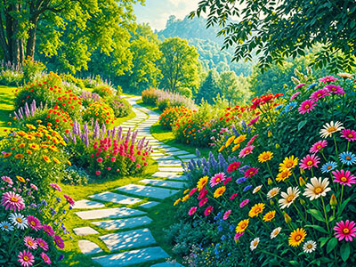 Colorful Flowers and a Brick Pathway in a Garden