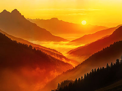 Sunset, Mountains and Fog